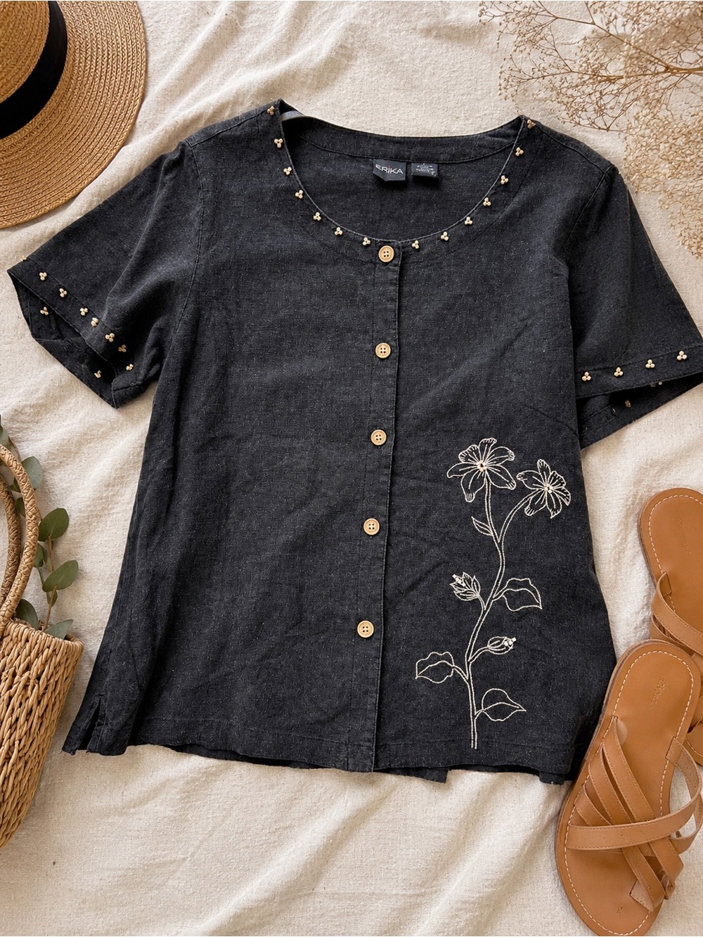 Vintage 90s y2k Erika Linen Blend Floral Embroidered Cottagecore Button Top L